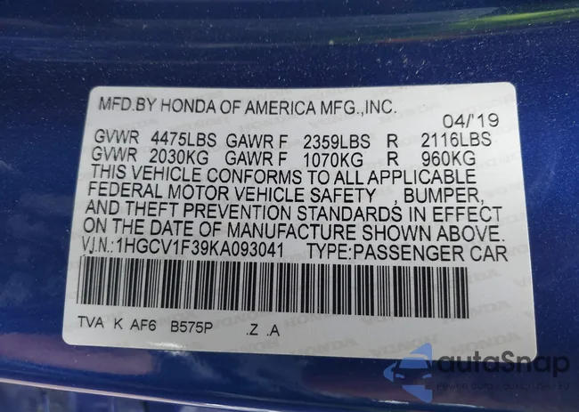 1HGCV1F39KA093041: 42366982