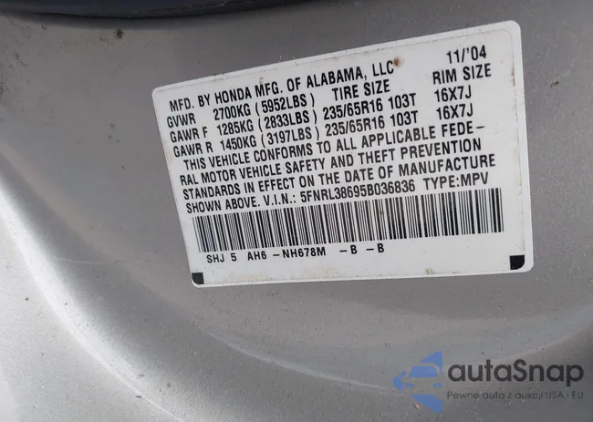 5FNRL38695B036836: 42369670