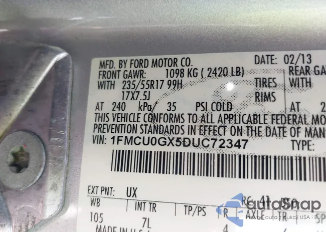 1FMCU0GX5DUC72347: 42370050