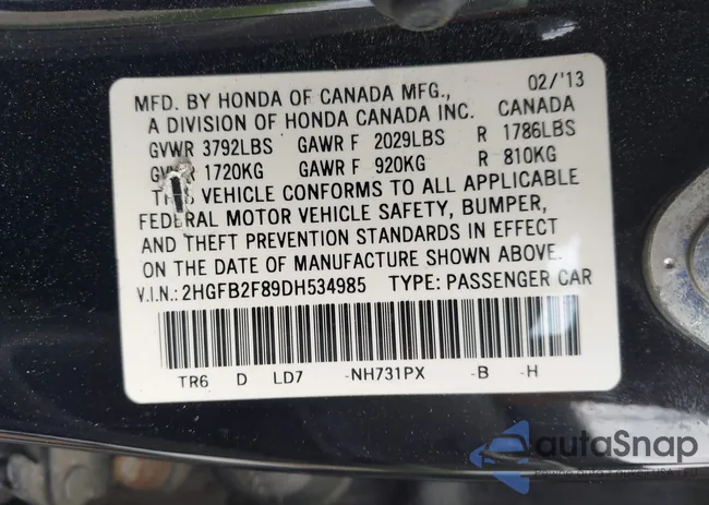 2HGFB2F89DH534985: 42373733