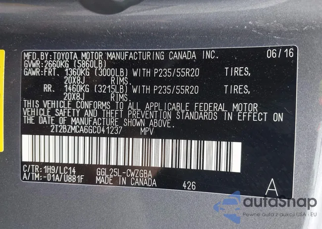 2T2BZMCA6GC041237: 42375645