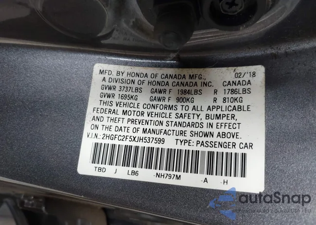 2HGFC2F5XJH537599: 42378103