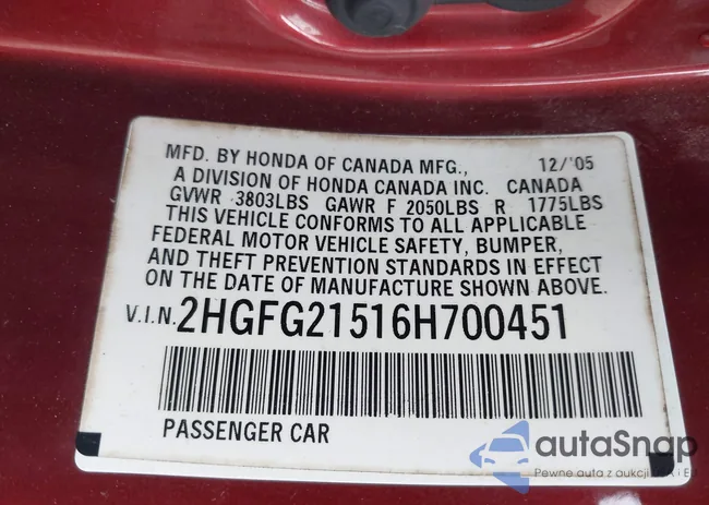 2HGFG21516H700451: 42381190