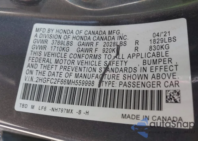 2HGFC2F66MH559998: 42381617