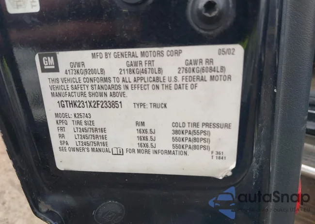 1GTHK231X2F233851: 42382623