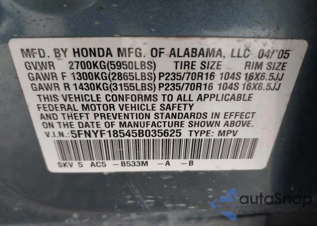 5FNYF18545B035625: 42388462