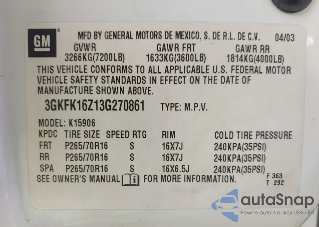 3GKFK16Z13G270861: 42387594