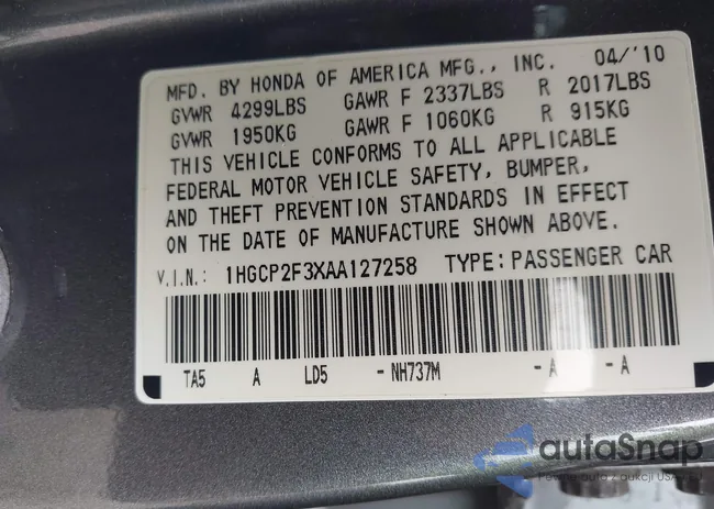 1HGCP2F3XAA127258: 42387657