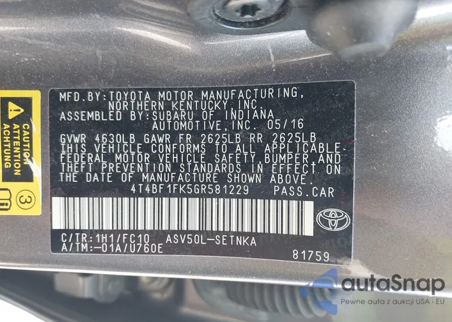 4T4BF1FK5GR581229: 42389542