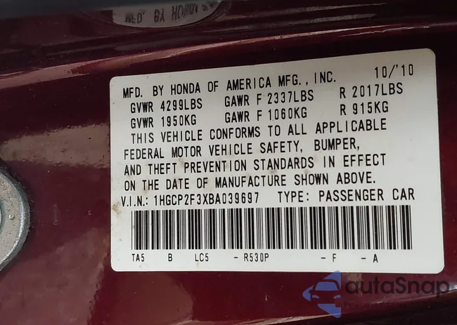 1HGCP2F3XBA039697: 42391454