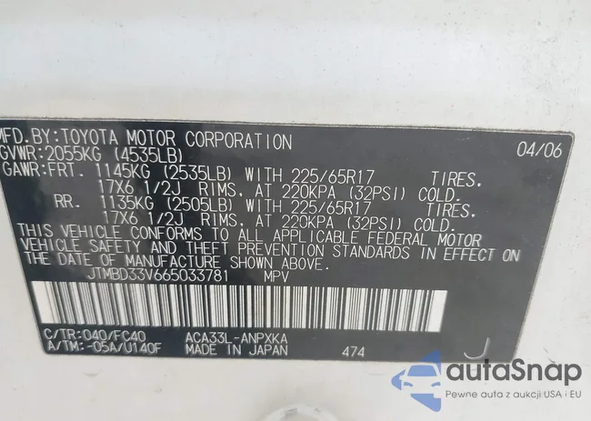 JTMBD33V665033781: 42392361