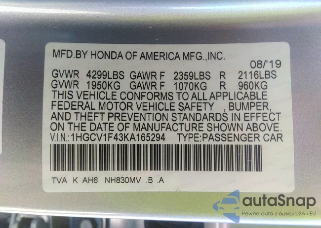 1HGCV1F43KA165294: 42392386