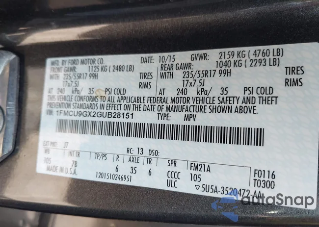 1FMCU9GX2GUB28151: 42396352