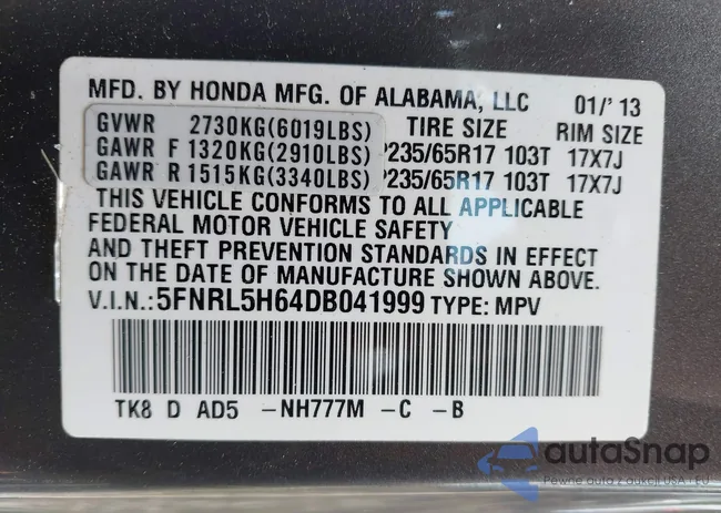 5FNRL5H64DB041999: 42395490
