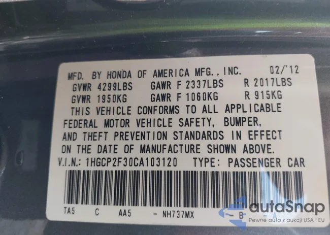 1HGCP2F30CA103120: 42400030