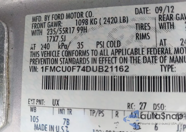 1FMCU0F74DUB21162: 42400506