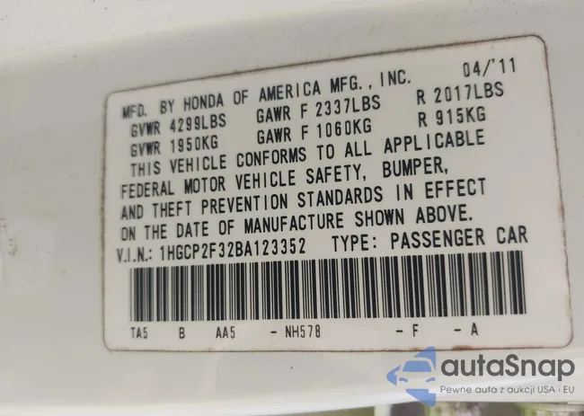 1HGCP2F32BA123352: 42400762