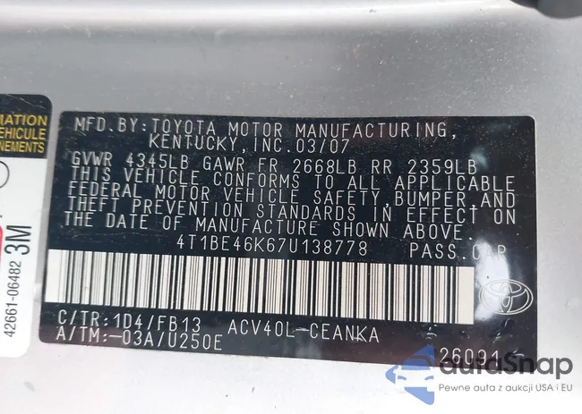 4T1BE46K67U138778: 42400763