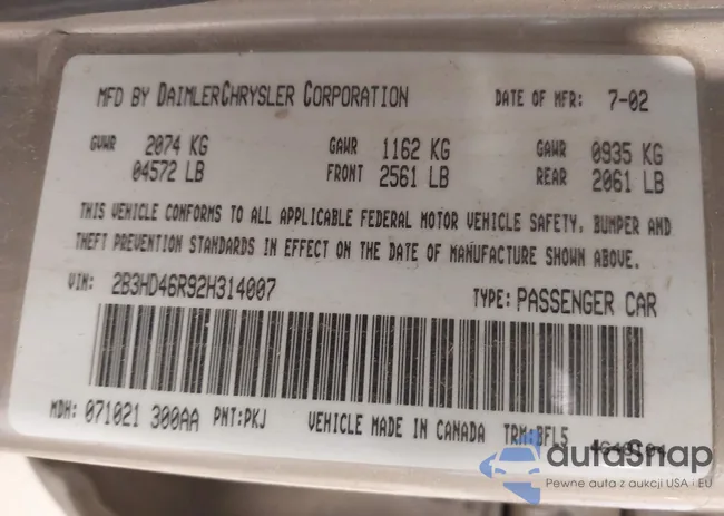 2B3HD46R92H314007: 42401806