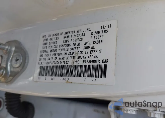 1HGCP2F78CA047642: 42404203