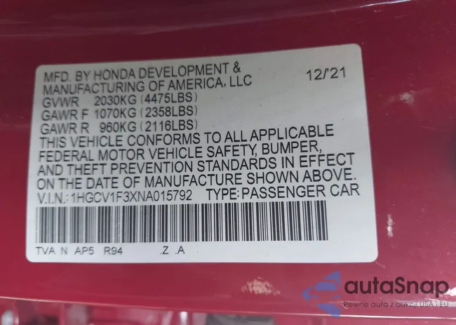 1HGCV1F3XNA015792: 42407883