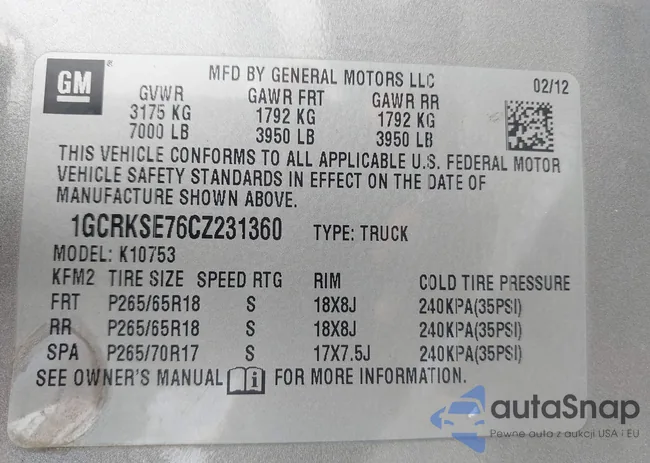 1GCRKSE76CZ231360: 42409958