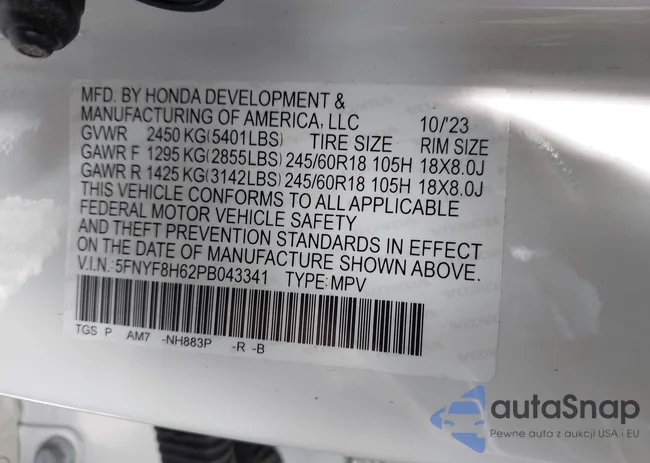 5FNYF8H62PB043341: 42410337