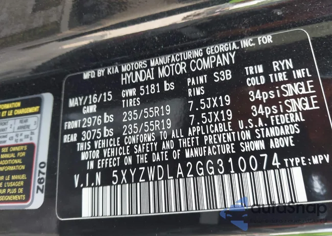 5XYZWDLA2GG310074: 42410423