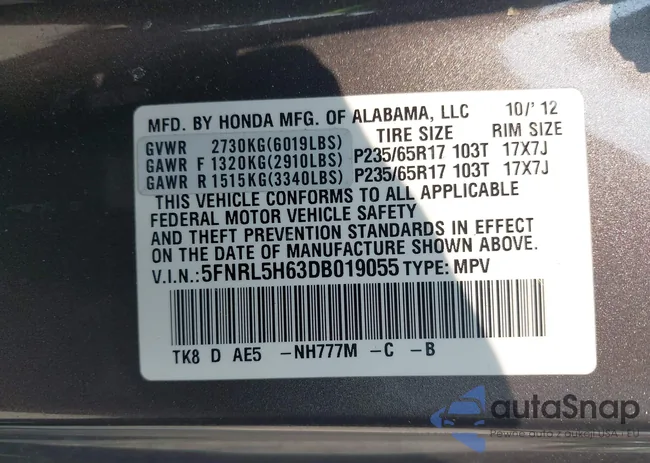 5FNRL5H63DB019055: 42411027