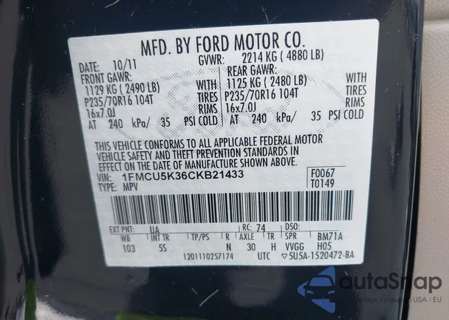 1FMCU5K36CKB21433: 42410783