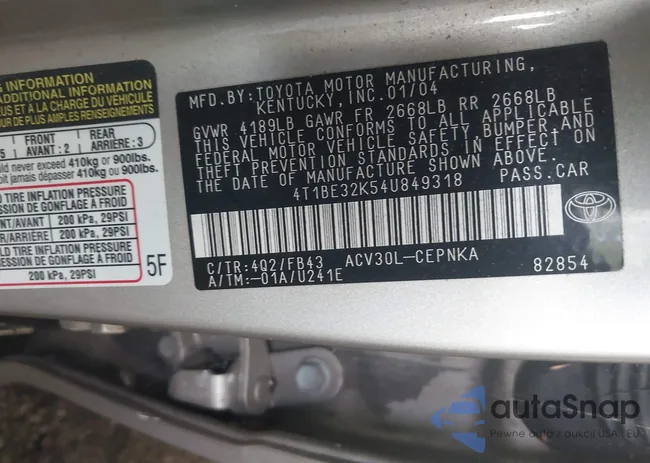 4T1BE32K54U849318: 42412912