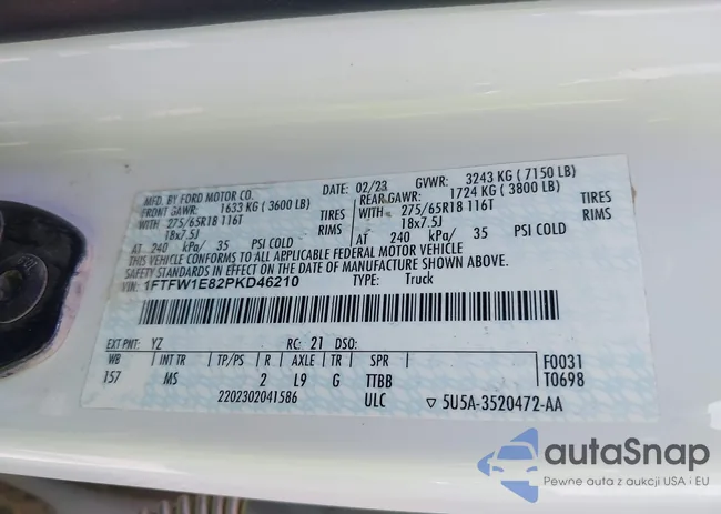 1FTFW1E82PKD46210: 42413396