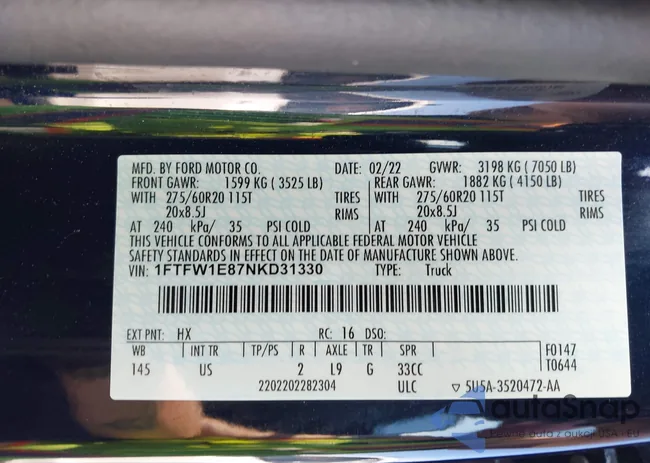 1FTFW1E87NKD31330: 42415036