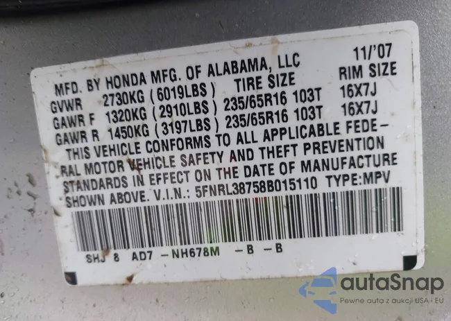 5FNRL38758B015110: 42414481