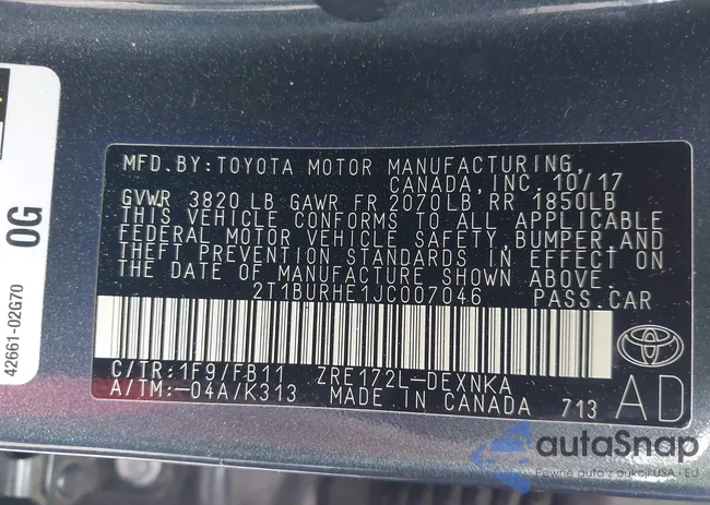 2T1BURHE1JC007046: 42417100