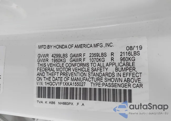 1HGCV1F1XKA155027: 42416658