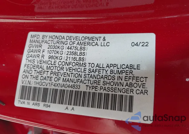 1HGCV1F4XNA044833: 42418532