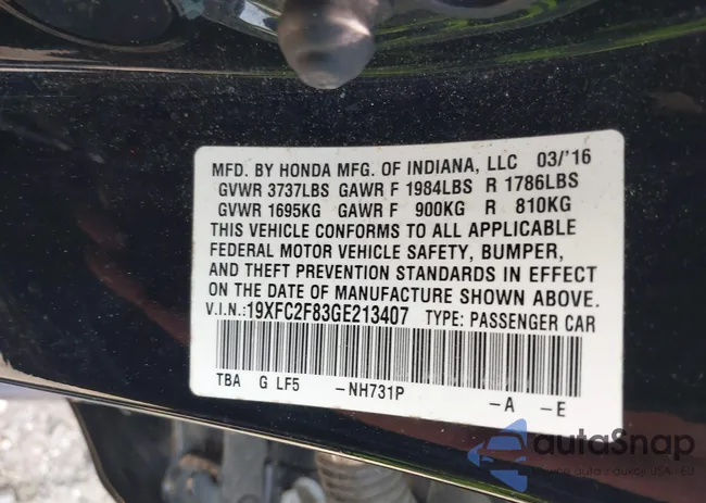 19XFC2F83GE213407: 42420309