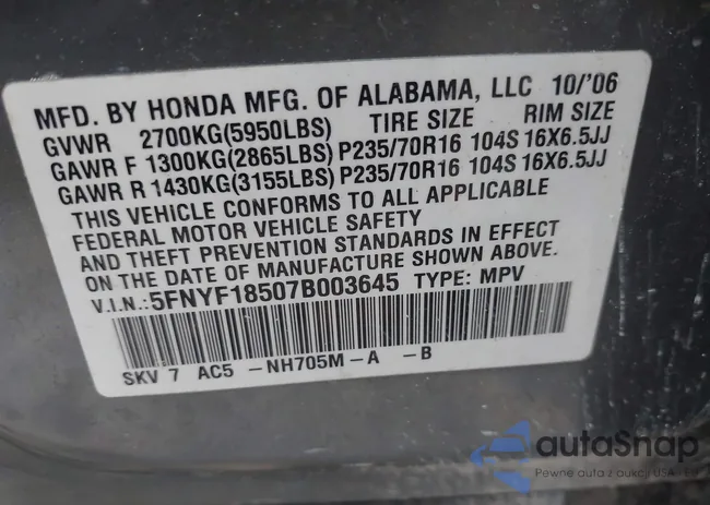 5FNYF18507B003645: 42420748