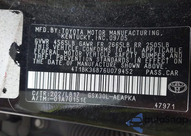 4T1BK36B76U079452: 42422016