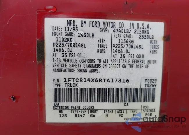 1FTCR14X6RTA17316: 42422541