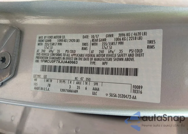 1FMCU0F7XJUA40663: 42423847