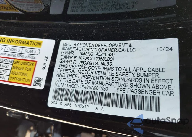 1HGCY1F48SA004530: 42423450