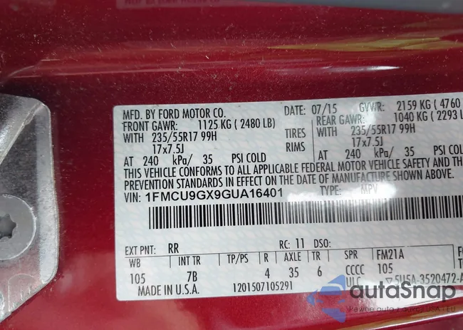 1FMCU9GX9GUA16401: 42428575