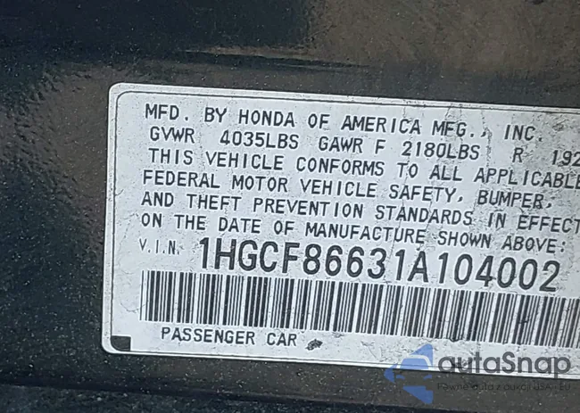 1HGCF86631A104002: 42430399