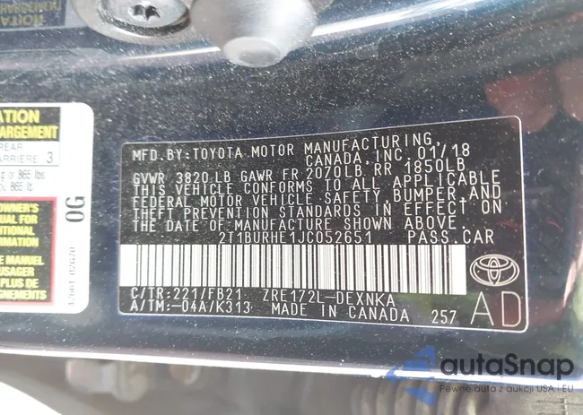 2T1BURHE1JC052651: 42430958