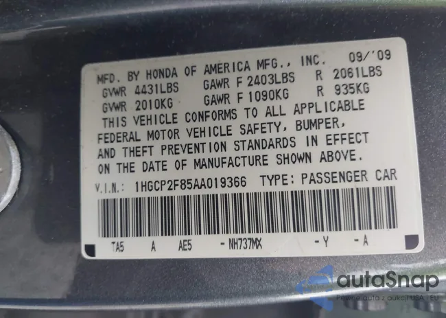 1HGCP2F85AA019366: 42431561