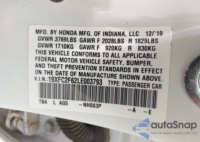 19XFC2F62LE003793: 42432808