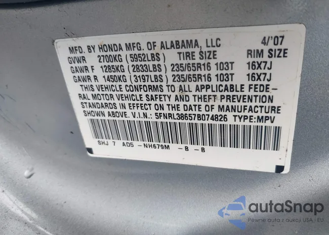 5FNRL38657B074826: 42434356