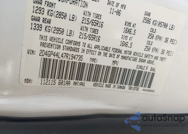 2D4GP44L47R194735: 42436001